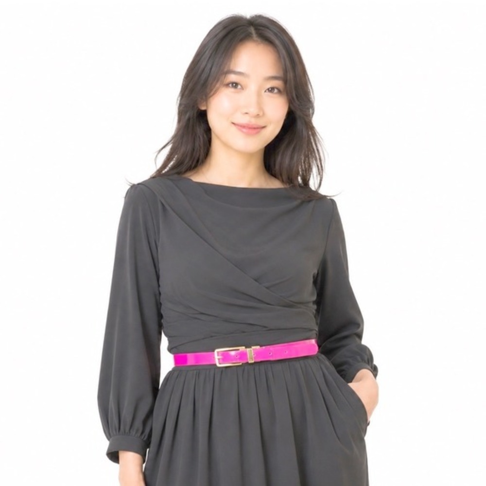 Magenta Pink Black Reversible Patent Leather Skinny Belt Gold Tone Buckle 47-81
